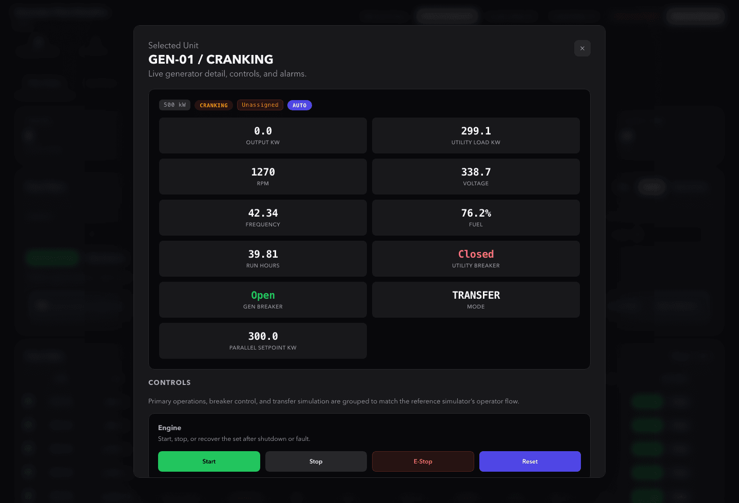 Pop-out generator detail showing live state, telemetry, breaker status, and controls
