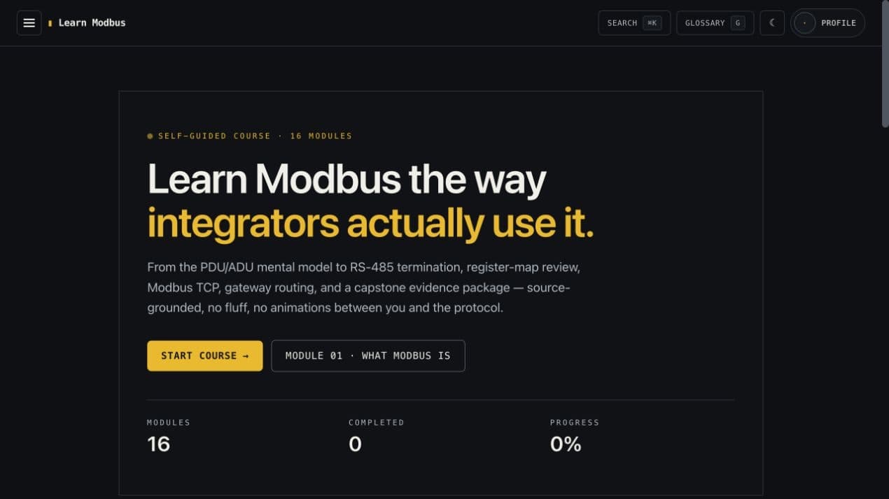 Current Learn Modbus course home with module navigation, search, glossary, and learner progress